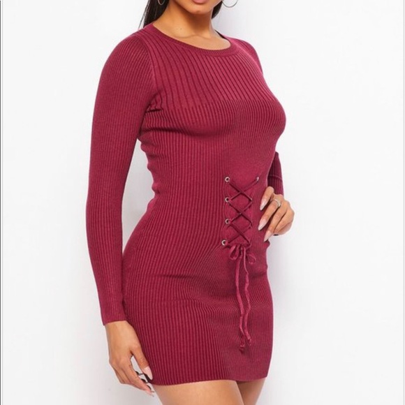 LONG SLEEVE OLIVE GREEN RIBBED SWEATER KNIT FRONT LACE UP WAIST BELT MINI DRESS - Picture 4 of 5